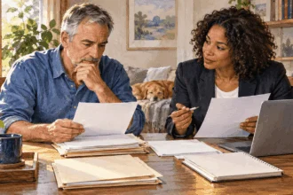 Conceptual painting of an older worker preparing records with a legal adviser.