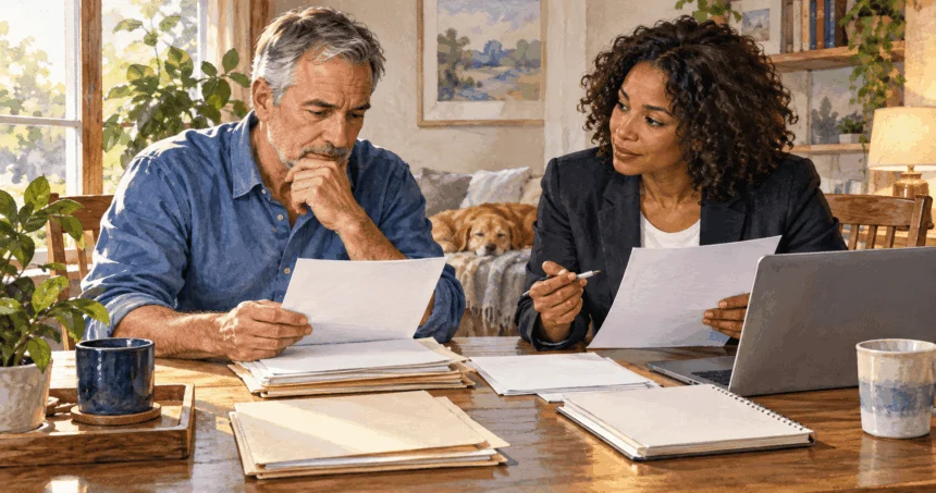 Conceptual painting of an older worker preparing records with a legal adviser.