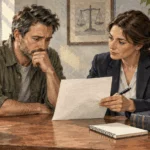 Painted scene of a dismissed worker consulting an attorney about whether a firing was lawful.