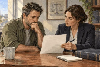 Painted scene of a dismissed worker consulting an attorney about whether a firing was lawful.