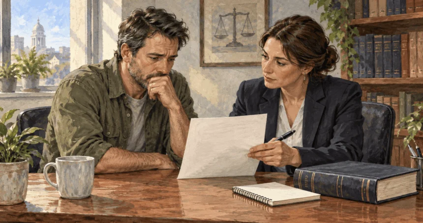 Painted scene of a dismissed worker consulting an attorney about whether a firing was lawful.