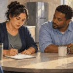 Painted illustration of a worker writing notes while a colleague listens in a break room.