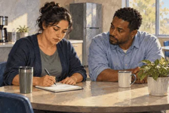 Painted illustration of a worker writing notes while a colleague listens in a break room.