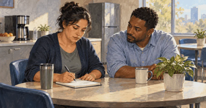 Painted illustration of a worker writing notes while a colleague listens in a break room.