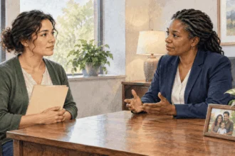 Painted scene of a worker speaking with an HR coordinator about family leave.