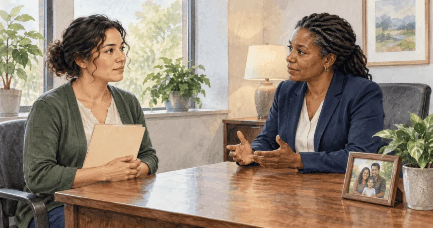 Painted scene of a worker speaking with an HR coordinator about family leave.