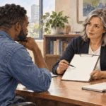 Painted illustration of worker discusses blank concern form with HR intake employee in ordinary office.