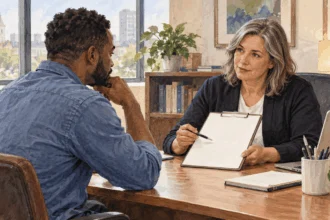 Painted illustration of worker discusses blank concern form with HR intake employee in ordinary office.
