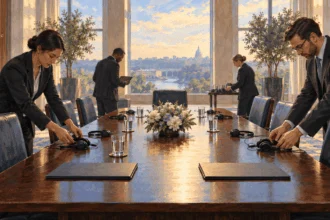Painted illustration of staff preparing a table and translation headsets for a summit.