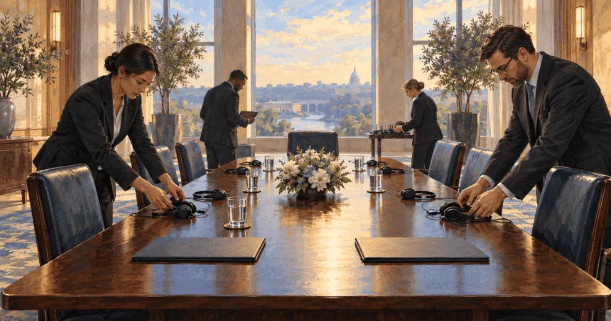 Painted illustration of staff preparing a table and translation headsets for a summit.