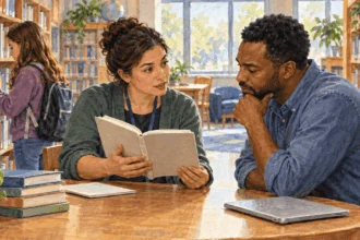 Conceptual painting of a teacher and parent looking at a book in a school library while a student browses.
