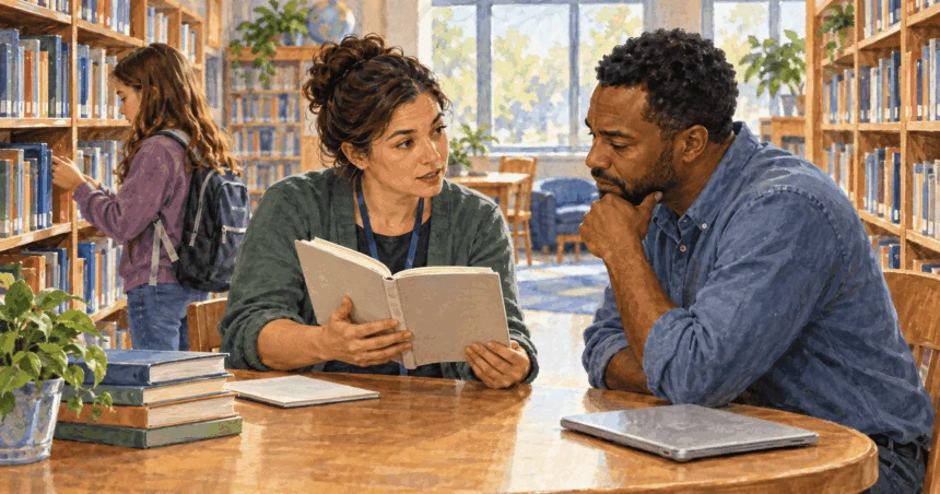 Conceptual painting of a teacher and parent looking at a book in a school library while a student browses.