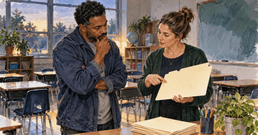 Conceptual painting of a parent and teacher reviewing a plain folder in a public-school classroom.