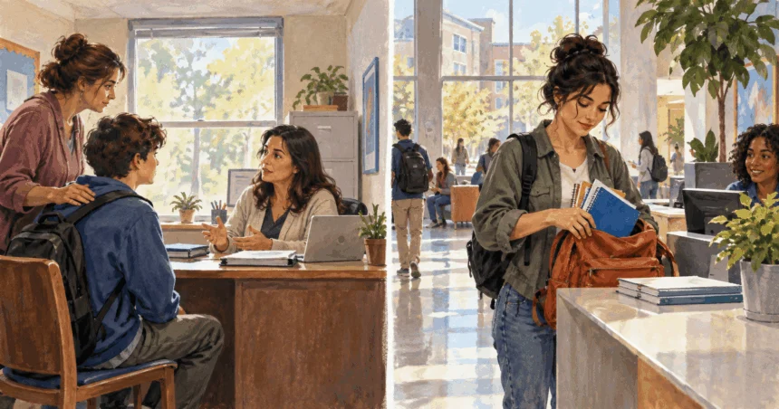 A student meets a school adviser as another student prepares for college.