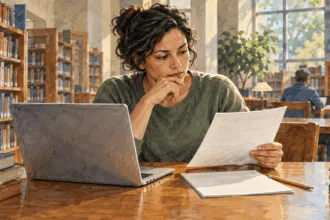 Painted illustration of a person reviewing credit information at a library.