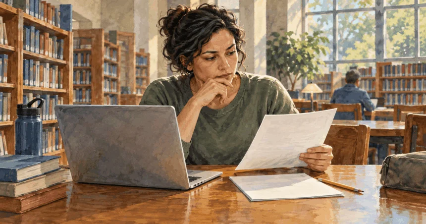 Painted illustration of a person reviewing credit information at a library.