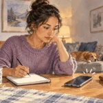 Painted illustration of a person taking notes beside a ringing phone at home.