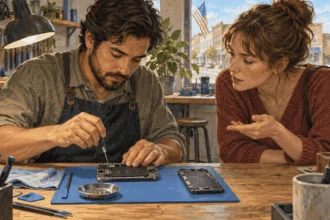 Painted illustration of a repair technician opening a smartphone while its owner watches.