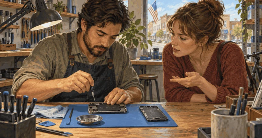 Painted illustration of a repair technician opening a smartphone while its owner watches.