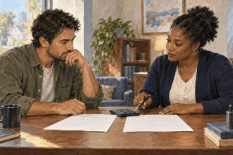 Painted illustration of a borrower comparing loan offers with a counselor.
