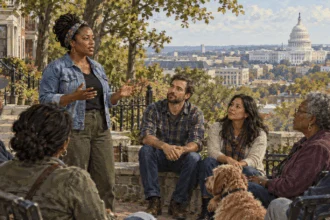 Washington residents meet with the Capitol visible across the city.