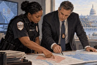 Conceptual painting of a D.C. police officer and federal official reviewing a jurisdiction map.