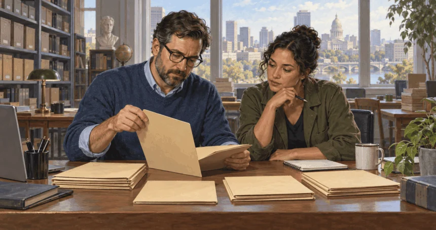 Painted scene of an analyst and reporter reviewing historical crime-data folders.