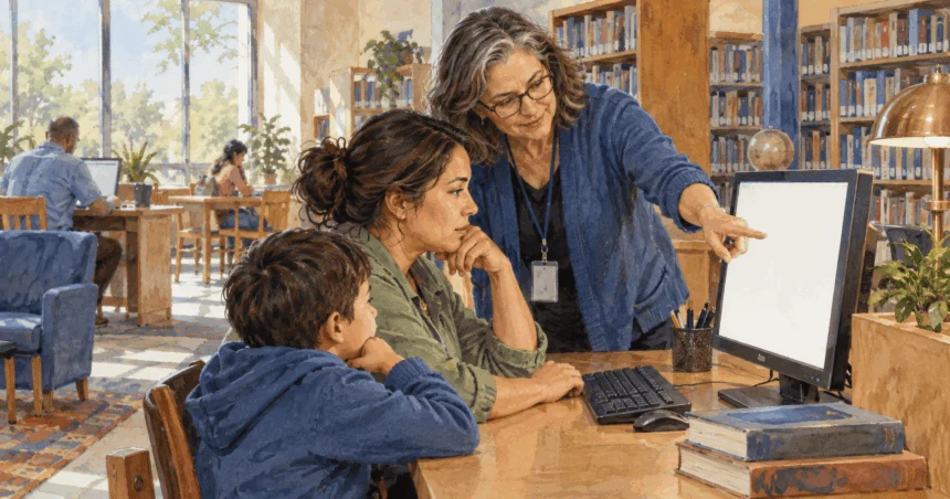 Conceptual painting of a parent and librarian looking at a public-information search screen in a library.