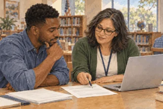 Job seeker and adviser compare a blank federal vacancy sheet and resume at a library table.