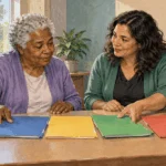 Conceptual painting of an older adult reviewing Medicare coverage options with a counselor.
