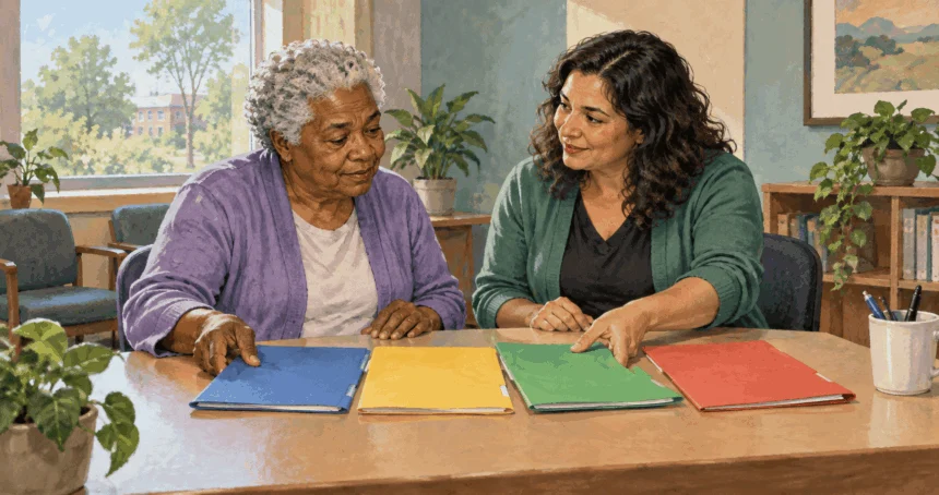 Conceptual painting of an older adult reviewing Medicare coverage options with a counselor.