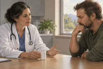 Conceptual painting of a clinician discussing medicine risks with a patient.