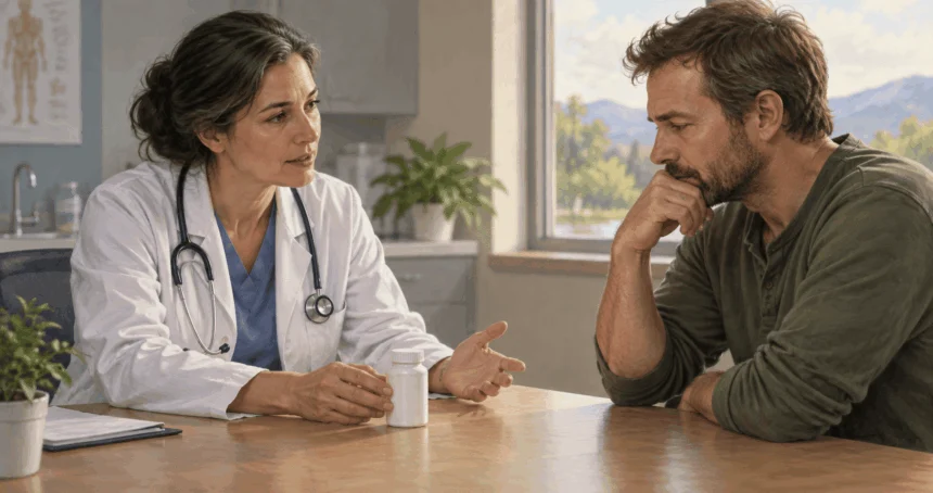 Conceptual painting of a clinician discussing medicine risks with a patient.