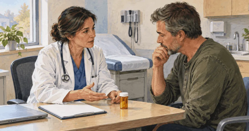 Conceptual painting of a clinician and patient discussing a closed, unbranded medication bottle in an exam room.