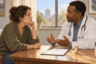 Painted illustration of a patient and clinician discussing a medication history.