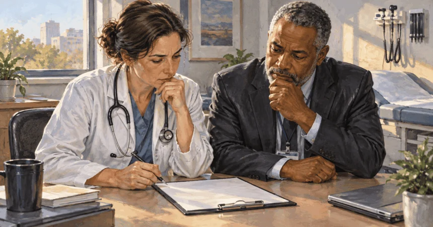 Conceptual painting of clinician and hospital quality officer thoughtfully review a blank pain-assessment form in a medical office.