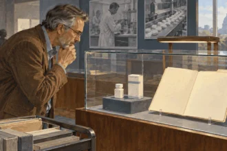 Painted illustration of medical-history researcher examines blank 1990s drug-approval folder and period package behind glass.