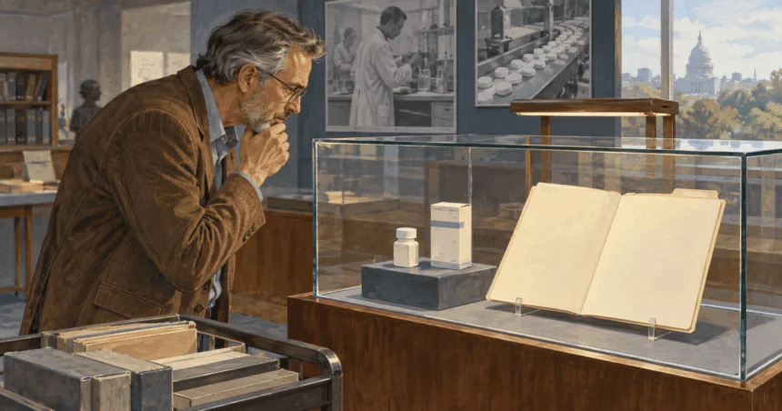 Painted illustration of medical-history researcher examines blank 1990s drug-approval folder and period package behind glass.