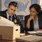 Conceptual painting of investigator reviews sealed pharmacy records with a public-health analyst in a neutral agency office.
