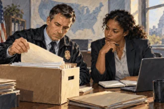 Conceptual painting of investigator reviews sealed pharmacy records with a public-health analyst in a neutral agency office.