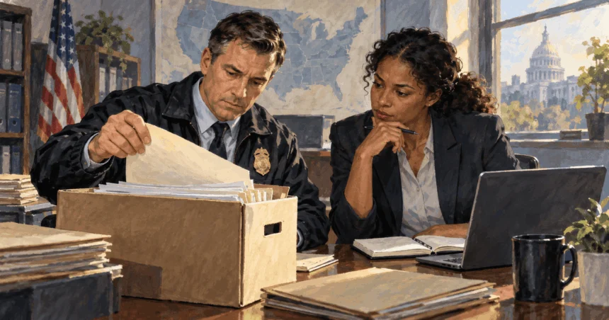 Conceptual painting of investigator reviews sealed pharmacy records with a public-health analyst in a neutral agency office.