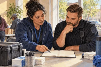 Conceptual painting of two outreach workers reviewing a blank field notebook beside a supply case.
