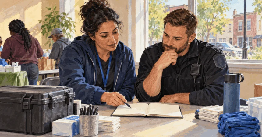 Conceptual painting of two outreach workers reviewing a blank field notebook beside a supply case.