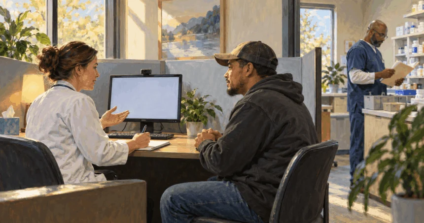 Conceptual painting of substance-use treatment access and prescription review.