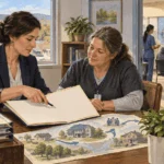 Conceptual painting of a grants manager and clinic coordinator discussing funding for community services.