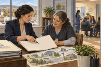 Conceptual painting of a grants manager and clinic coordinator discussing funding for community services.