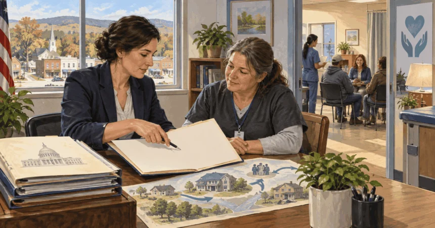 Conceptual painting of a grants manager and clinic coordinator discussing funding for community services.