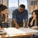 Conceptual watercolor of public-health analysts reviewing a blank supply plan.