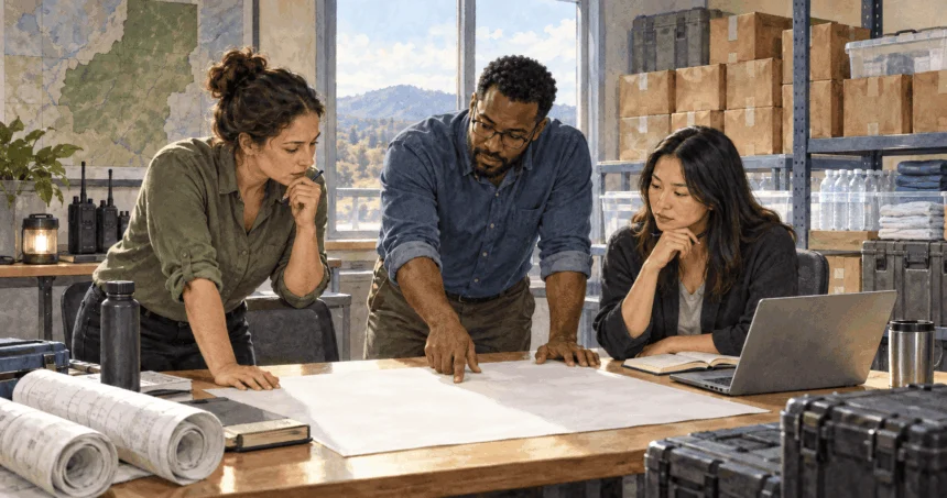 Conceptual watercolor of public-health analysts reviewing a blank supply plan.