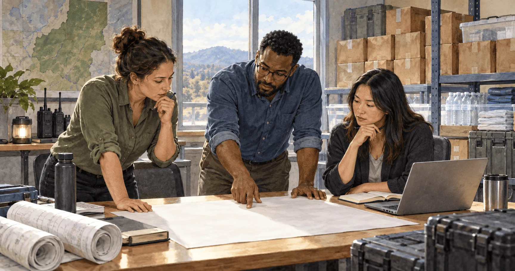 Conceptual watercolor of public-health analysts reviewing a blank supply plan.